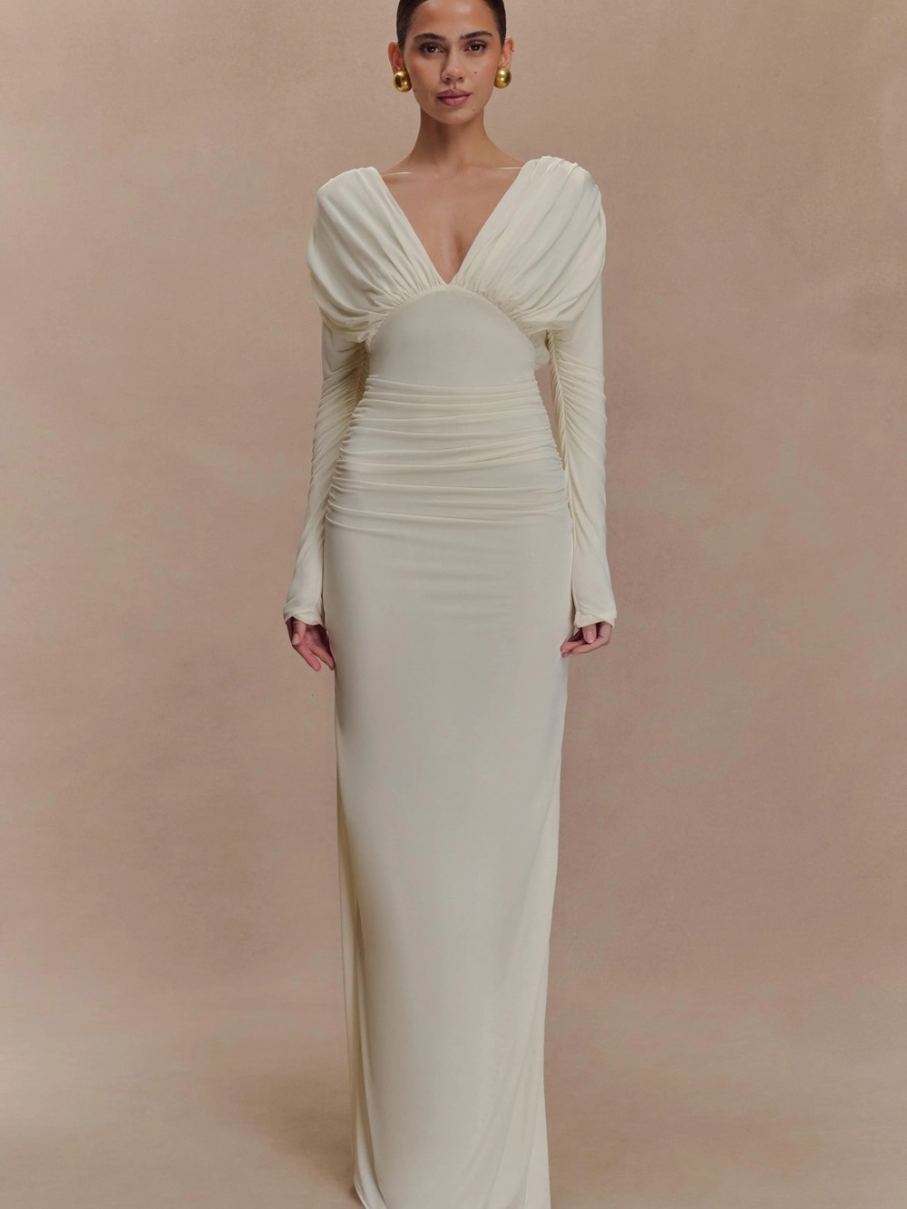 Elegant Cream V-Neck Long Sleeve Evening Dress